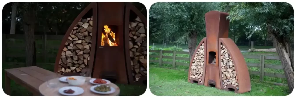 outdoor rusty corten steel fireplace