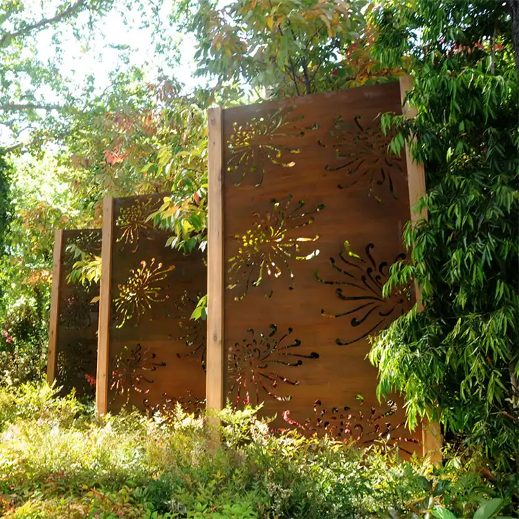 GN-SP-801 Decorative Laser Cut Corten Steel Screen Panels with Chrysanthemum Design image 2